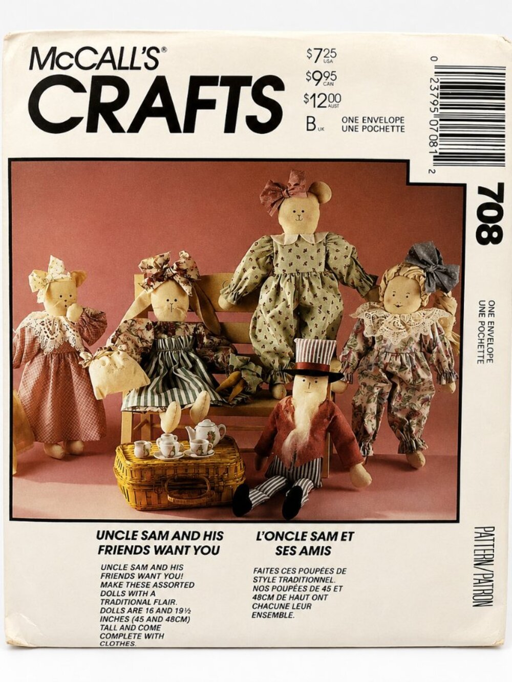 Vintage McCall’s Crafts 708 Uncle Sam & Friends Cloth Doll Sewing Pattern